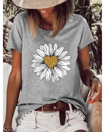 Women's Leopard Print Heart Daisy Graphic Cotton Casual T-Shirt