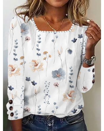 Women's Floral T-shirt Square Neck Casual Buttoned Shirt