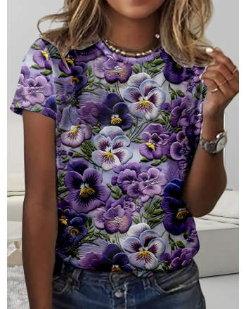 Simple Floral Crew Neck Regular Fit T-Shirt