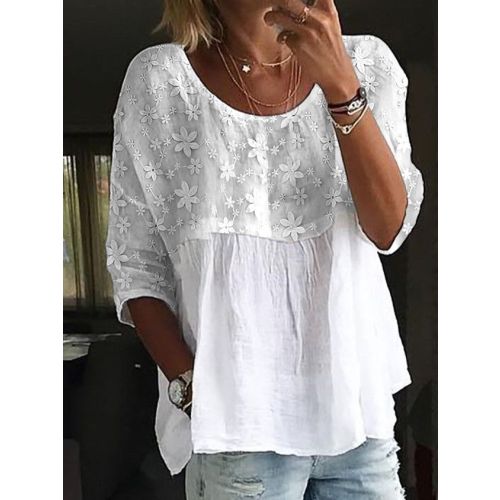 Women's Lace Embroidery Patchwork Linen Loose Crew Neck Split Joint Shirt