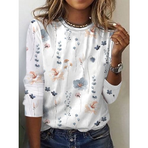 Women's Floral T-Shirt Country Casual Crewneck Knit Long Sleeve Tops